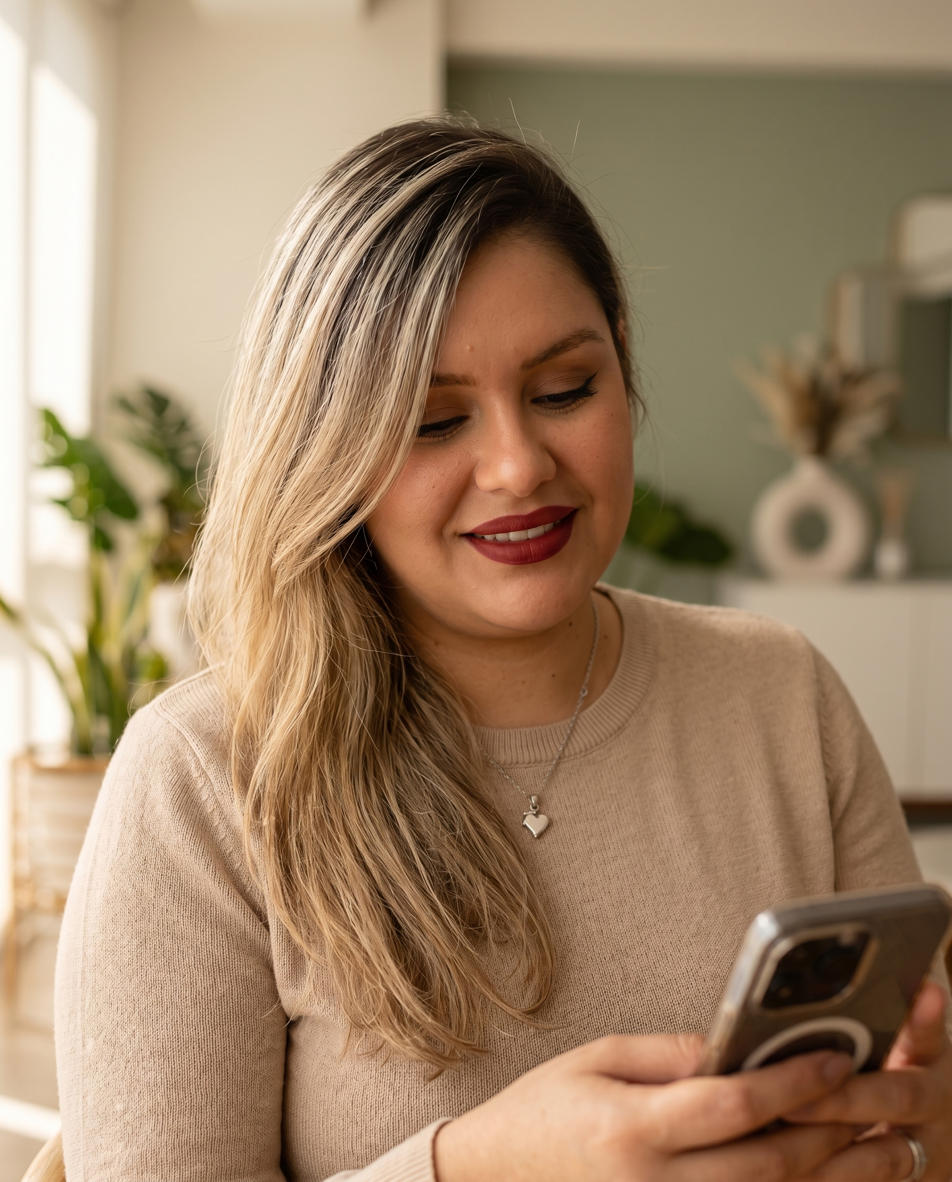 Mujer mirando el teléfono sonriendo